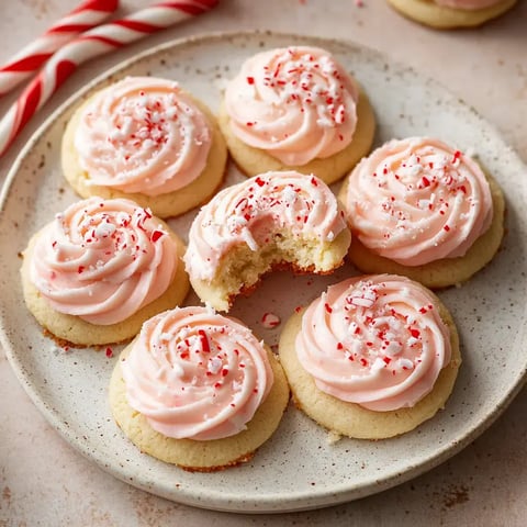 A plate of sugar cookies topped with pink frosting and crushed peppermint, with one cookie partially eaten.