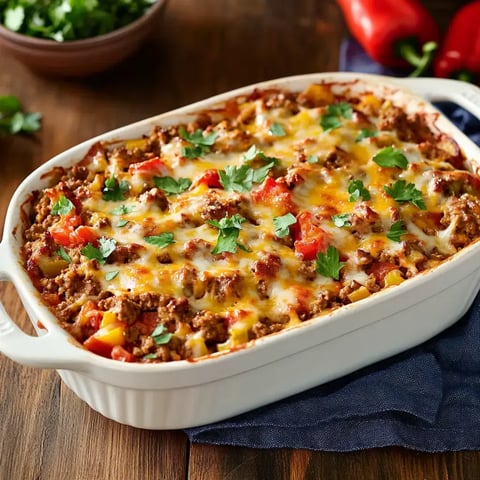 A baked casserole dish filled with ground meat, tomatoes, and melted cheese, garnished with fresh parsley.