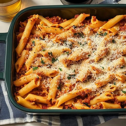 A dish of baked pasta with a rich sauce, topped with grated cheese and parsley, sits in a green baking dish on a striped towel.