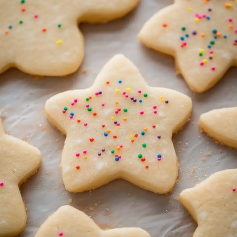 A close-up of star-shaped cookies decorated with colorful sprinkles on a baking surface.