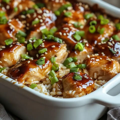 A close-up of a dish featuring glazed chicken pieces topped with sesame seeds and chopped green onions served over rice.