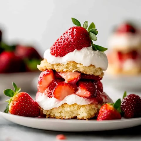 A layered dessert featuring sweet biscuits topped with whipped cream, fresh strawberries, and strawberry sauce on a white plate.