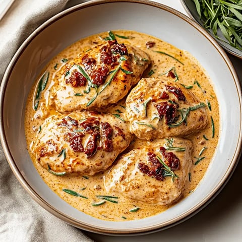 A bowl of creamy, herb-infused chicken breasts topped with sun-dried tomatoes in a rich sauce.