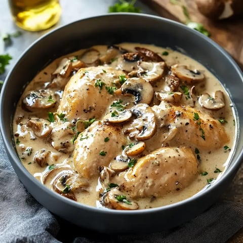 A close-up of a bowl of creamy chicken and mushrooms, garnished with fresh herbs.