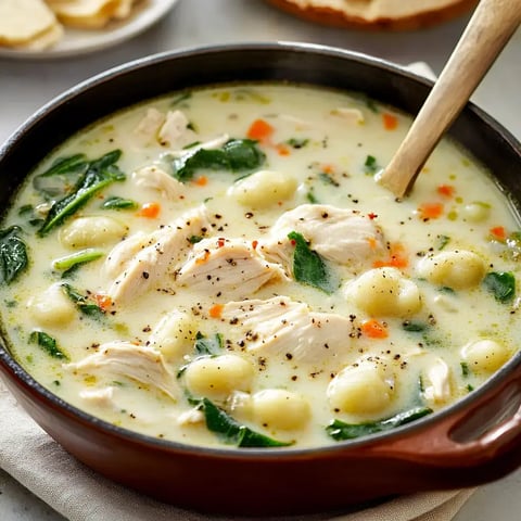 A warm bowl of creamy chicken soup with spinach, carrots, and gnocchi, garnished with black pepper.