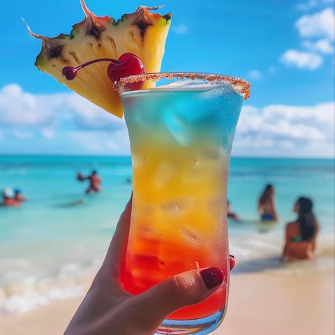 A person holding a drink with a pineapple and cherry on top.