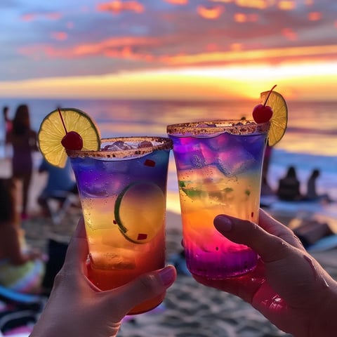 Two people holding up colorful drinks.