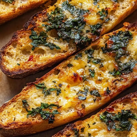 Bread topped with herbs and melted cheese.