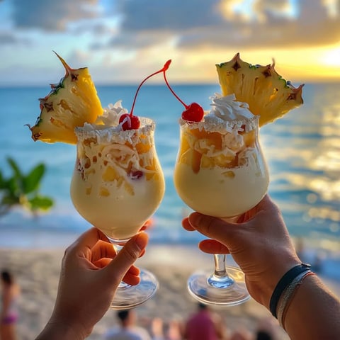 Two glasses of pineapple drinks are being held by a person.
