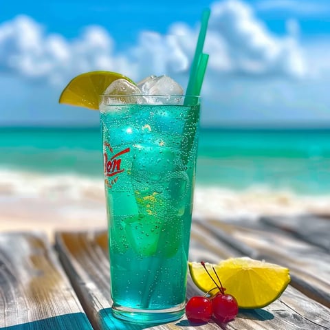 A blue drink with a straw and a slice of lemon.