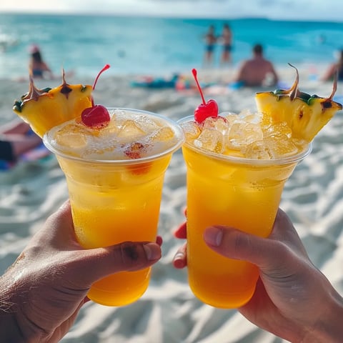 Two people holding pineapple drinks.
