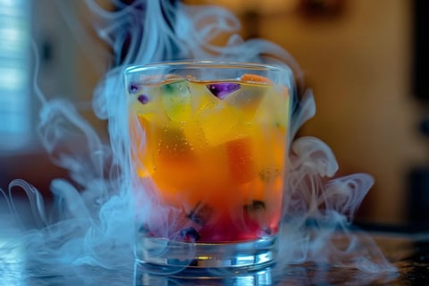 A glass of fruit juice with a cloud of smoke above it.