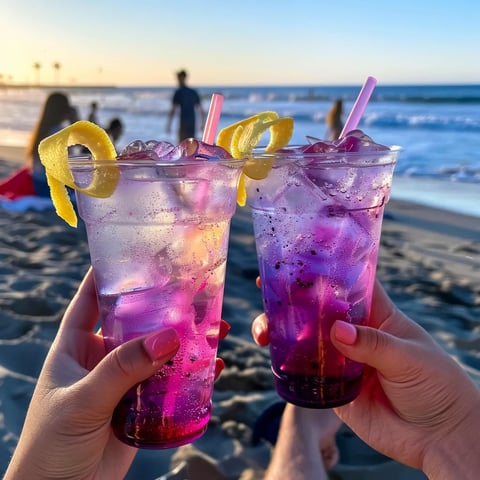 Two people holding pink drinks with lemon slices.