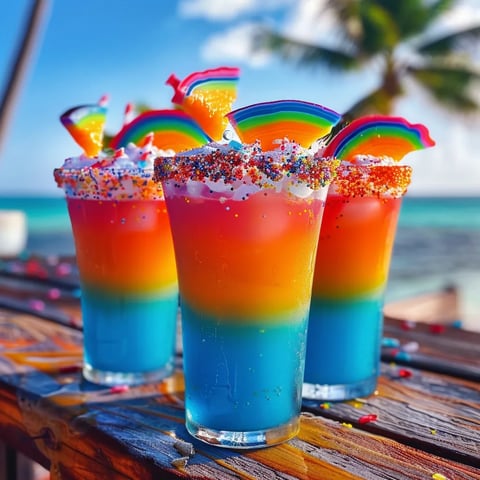 Three colorful drinks with rainbow colors.