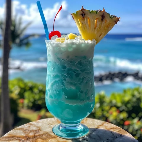 A blue drink with a pineapple on top.