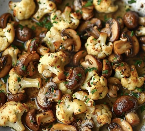 Close up of mushrooms with cauliflower.